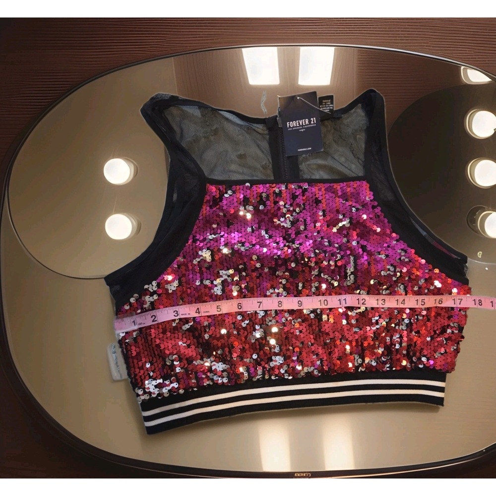 Forever 21 Black & Red Sequin Sleeveless Mesh Party Crop Top Festival Sparkle L